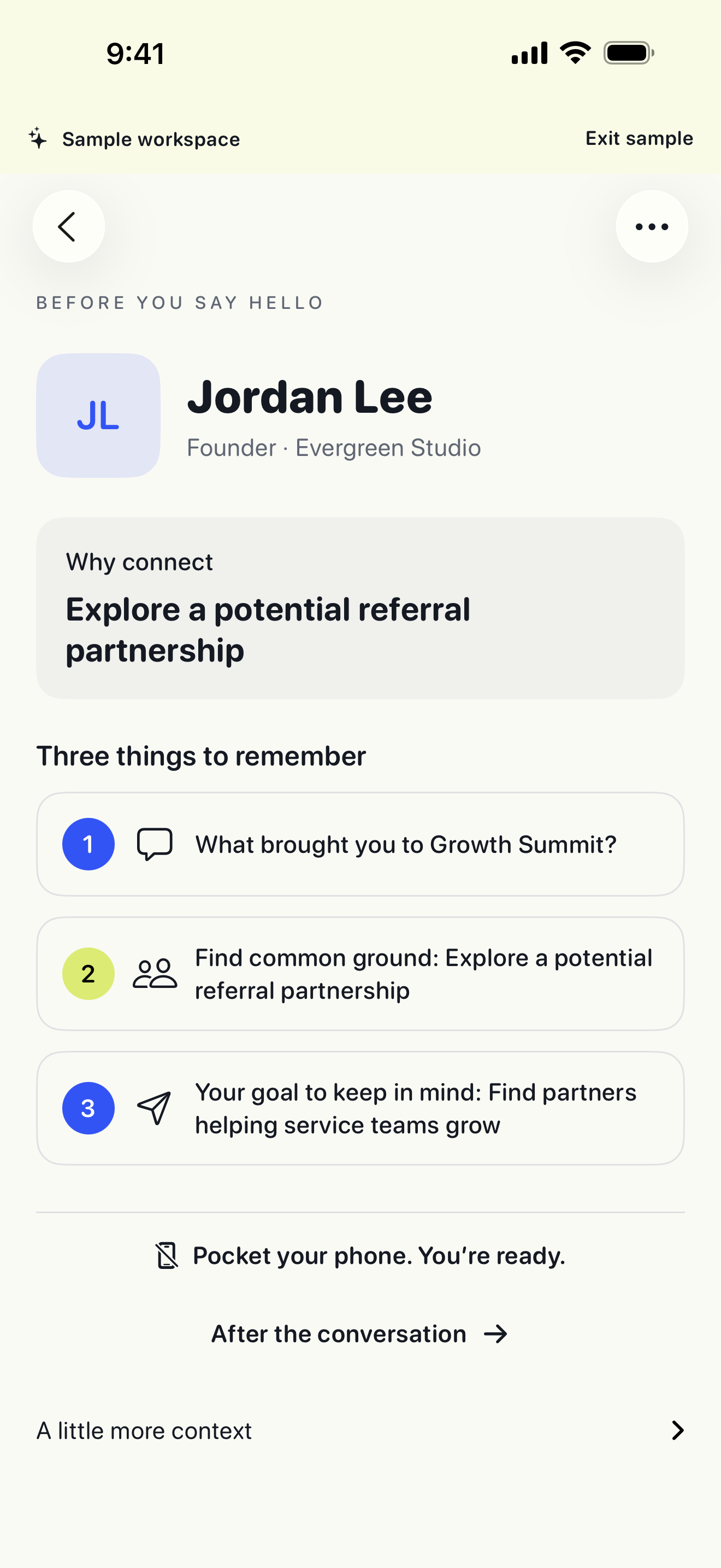 Handshake briefing showing a fictional contact, a reason to connect, three conversation prompts, and the reminder to pocket your phone.